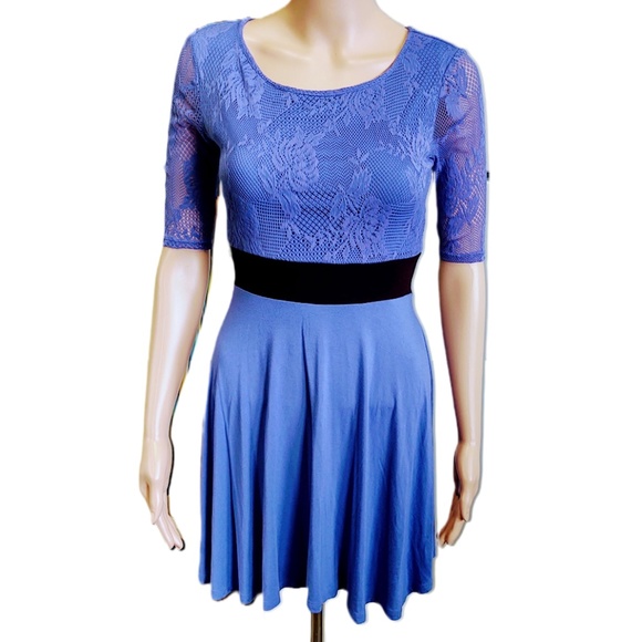 VTG GUESS Purple Lace Black Waistband Overlay Skater Mini Dress Rayon/Spandex XS - Picture 2 of 15